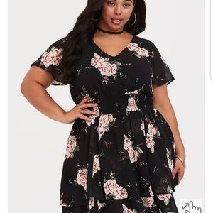 Black Floral Smocked Dress